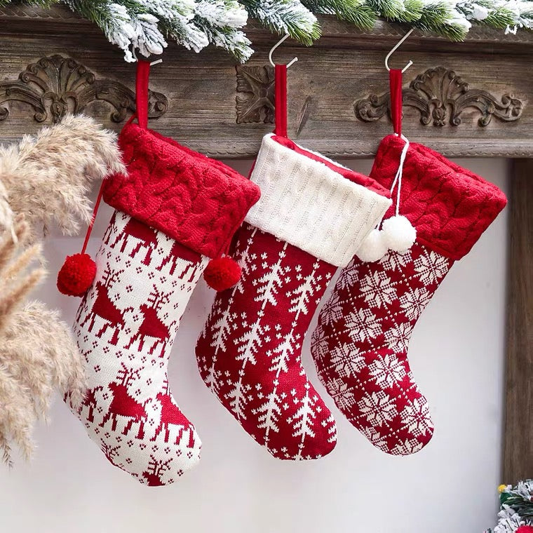 Knitted Pom Pom Customised Personalized Christmas Stockings, Xmas Decor Socks, Embroidered Christmas Stockings, Embroidery X’mas Hanging