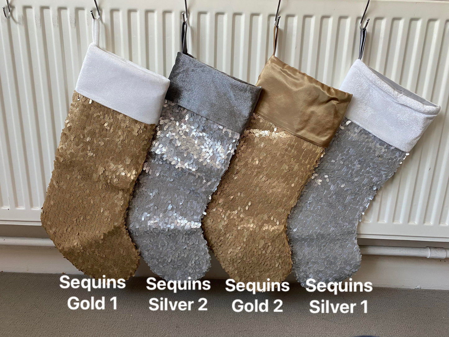 Personalized Handmade Embroidered Luxe Christmas Stockings, Personalised X’mas gift, Embroidery, Gold Silver Velvet Plaid Buffalo, Faux Fur