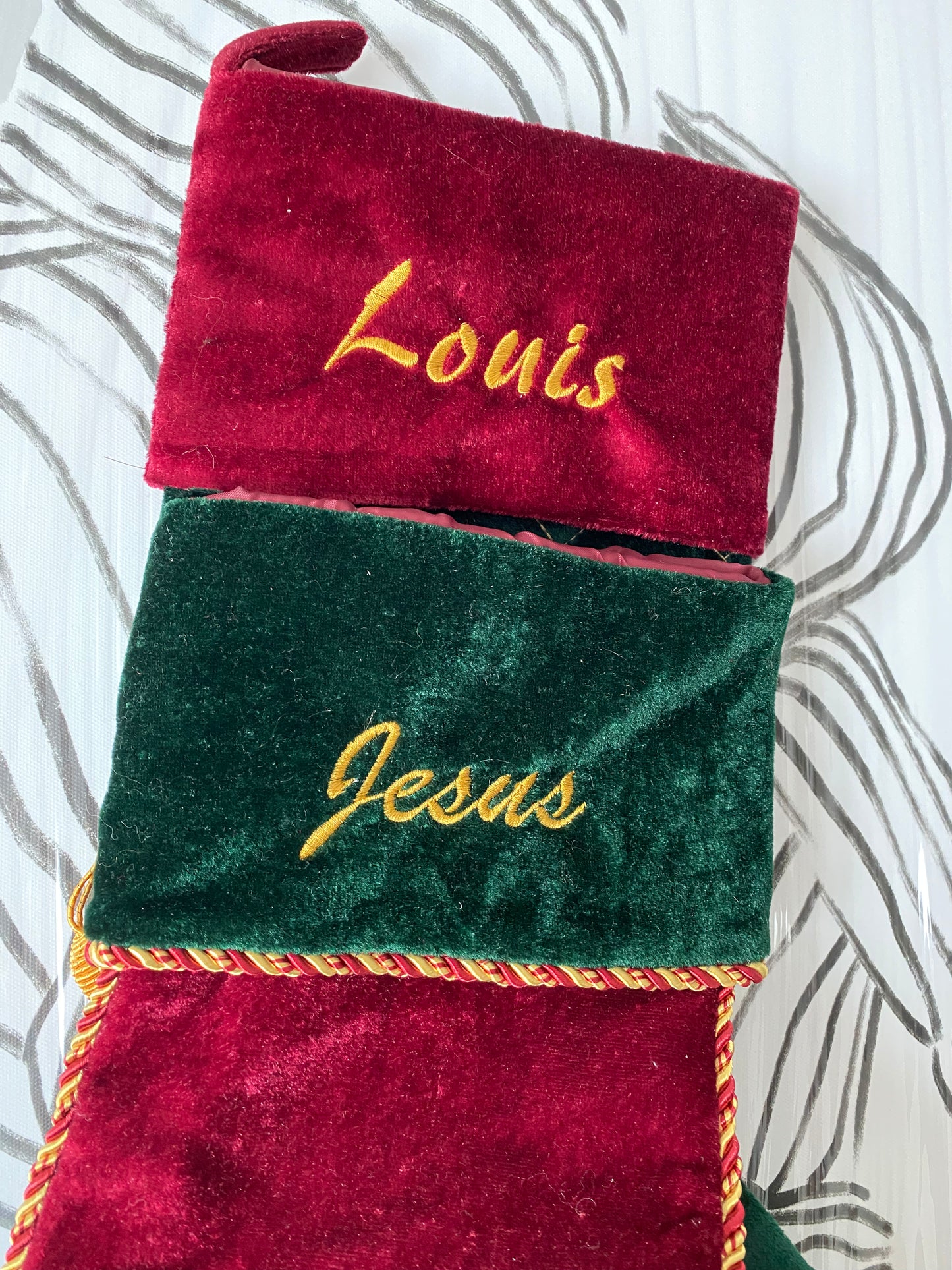 Personalized Handmade Embroidered Luxe Christmas Stockings, Personalised X’mas gift, Embroidery, Gold Silver Velvet Plaid Buffalo, Faux Fur