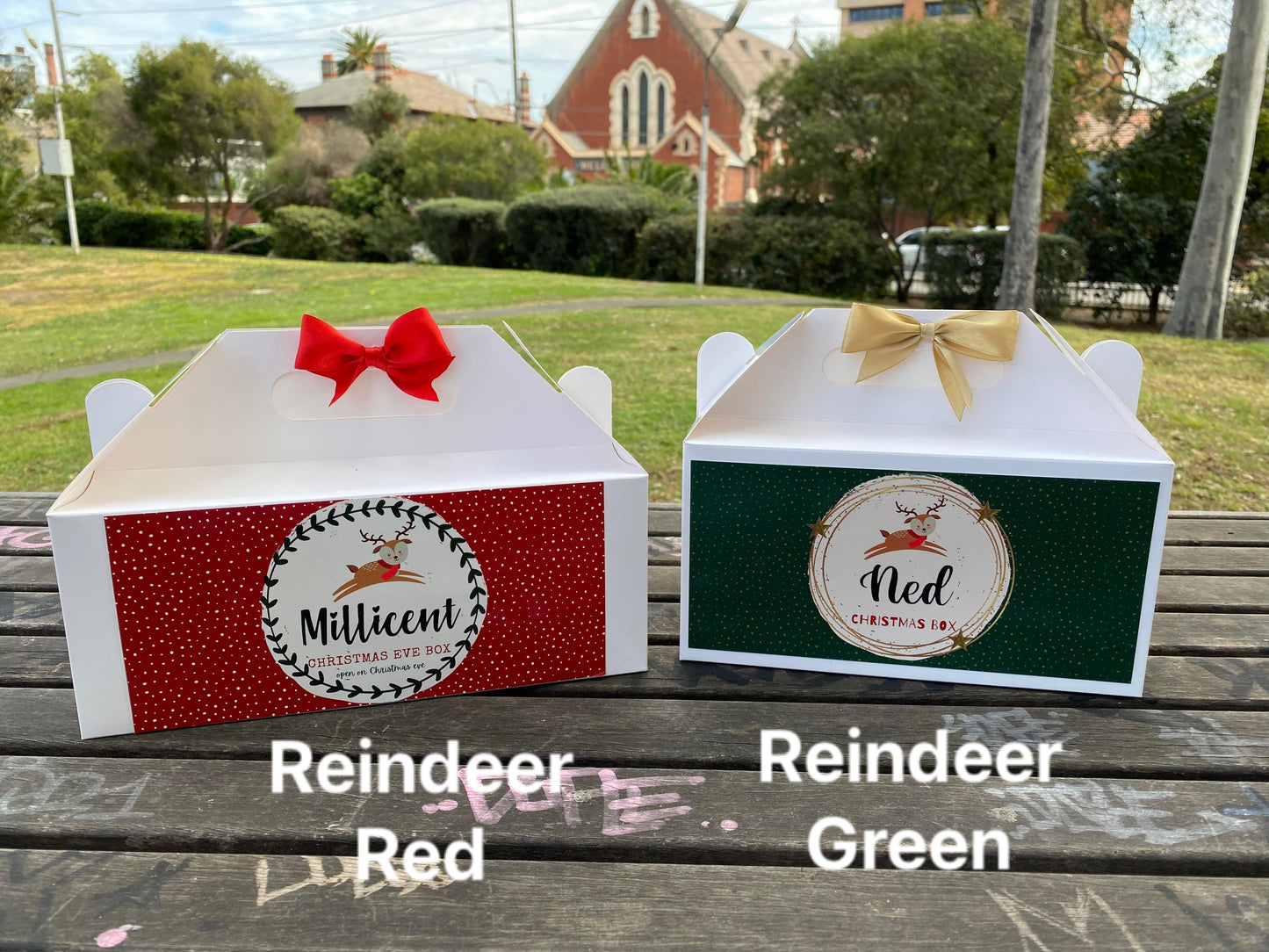 Personalized Reindeer Red/Green/Beige Christmas Eve Box, Wedding Favor Box, Christmas Tradition, Personalised Gift Box with Bow, Night before Xmas, Kids Gift Ideas