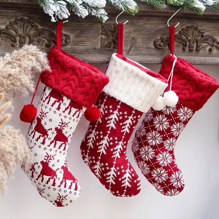 Knitted Pom Pom Customised Personalized Christmas Stockings, Xmas Decor Socks, Embroidered Christmas Stockings, Embroidery X’mas Hanging